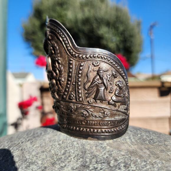 Antique Chinese Export Bracelet Sterling Silver Buddha Ornate Repousse Cuff RARE - Picture 5 of 16
